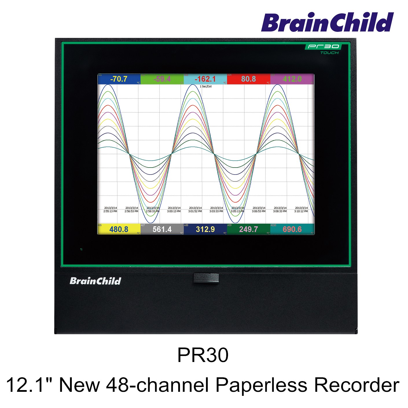 PR30 is 12.13” paperless recorder, TFT, 65K color, touch screen, up to 48 universal inputs.
